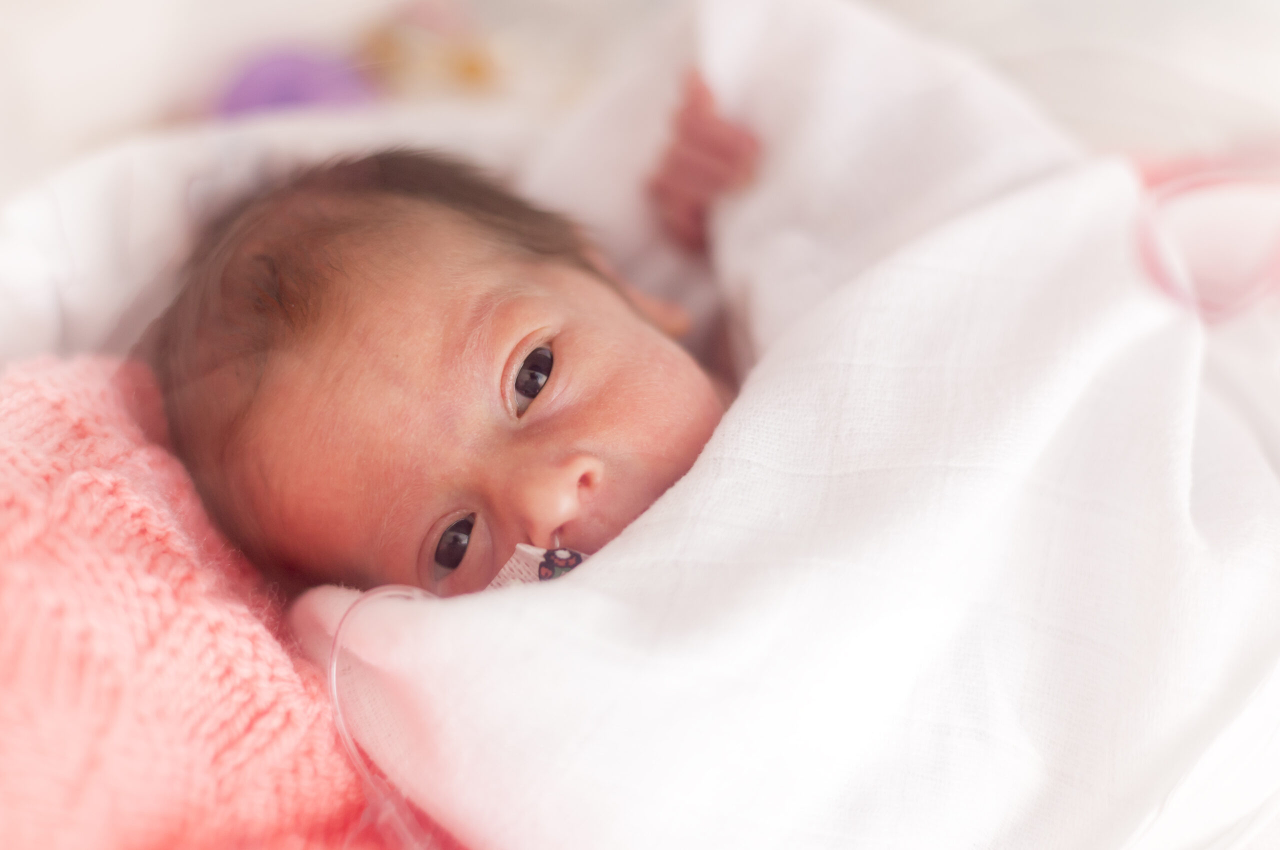 newborn baby with breathing tube in nose, swaddled in blankets looking at camera